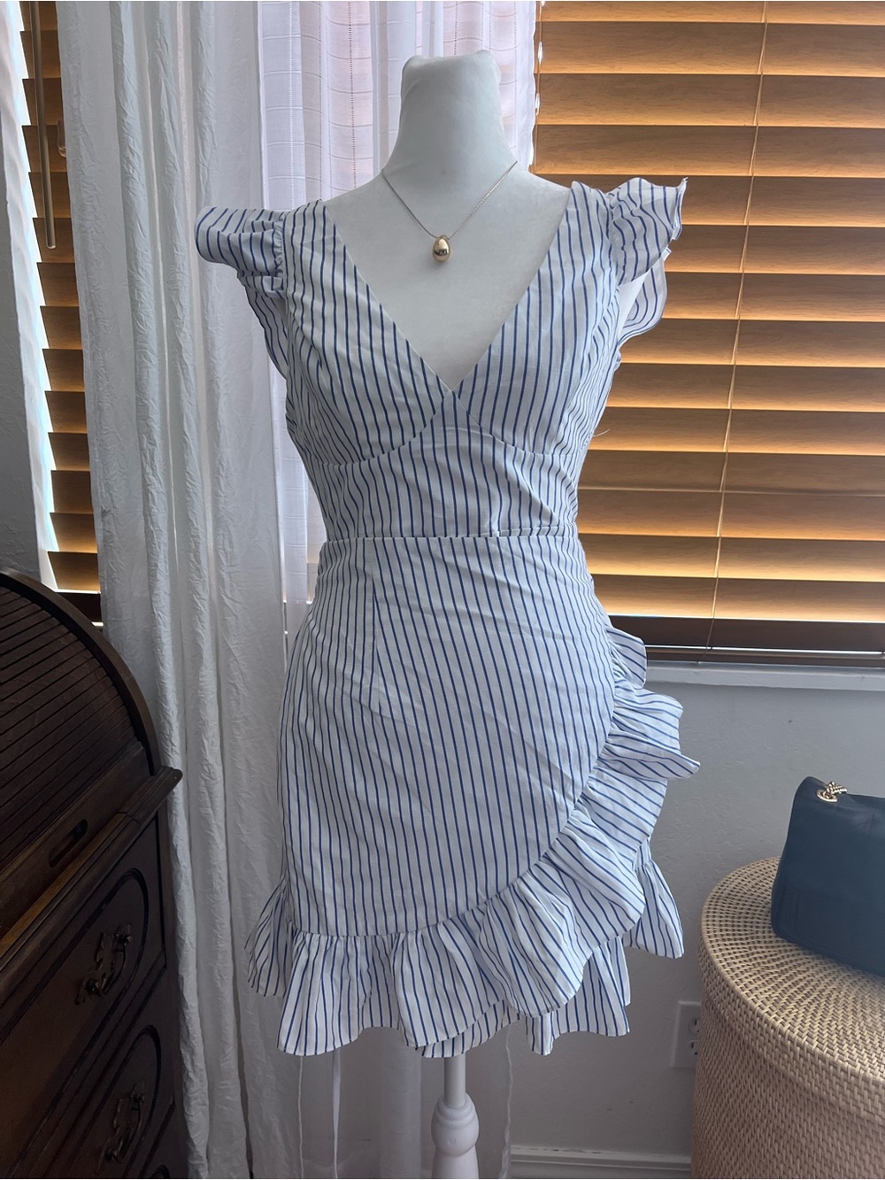 White Dress with Blue Pinstripes & Ruffle Wrap